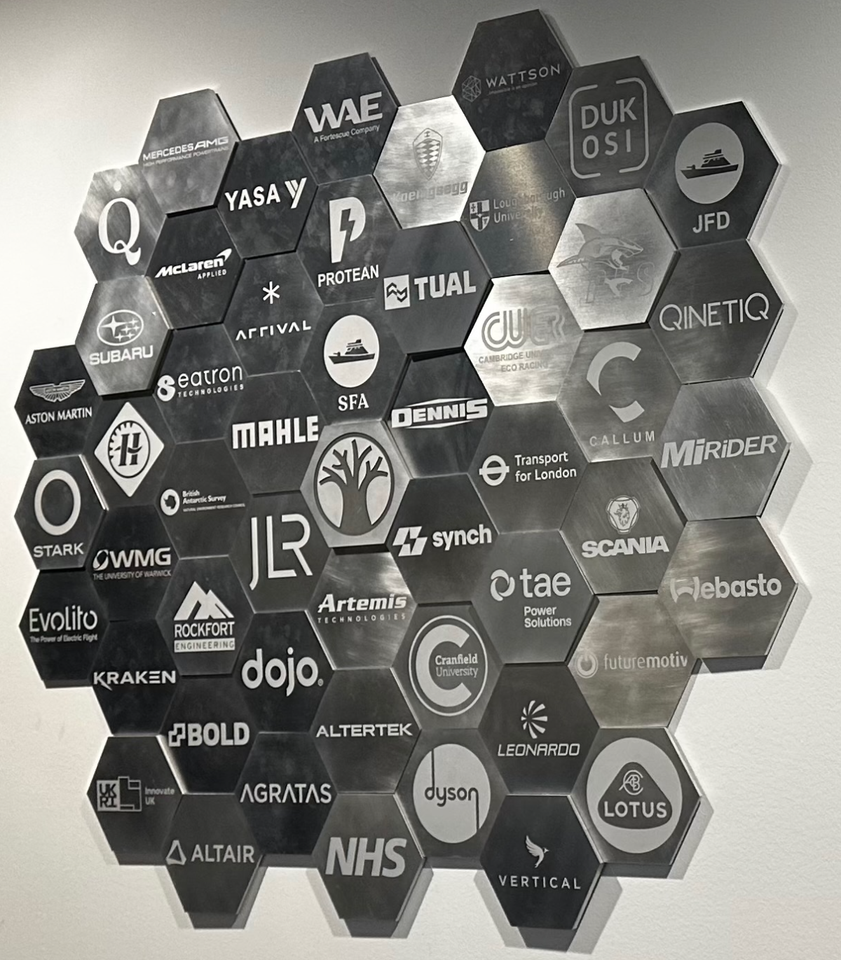 Danecca partner wall of client logos including Mercedes-AMG, McLaren Applied, JLR, Lotus, Dyson, Scania, Leonardo and Vertical Aerospace
